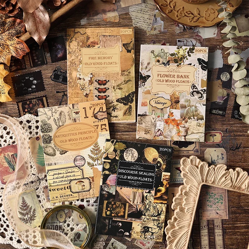 Vintage Collectible Books - 20枚入りヴィンテージダイカットステッカーブック、カット不要で剥がしやすい、ジャーナル日記コラージュ装飾素材