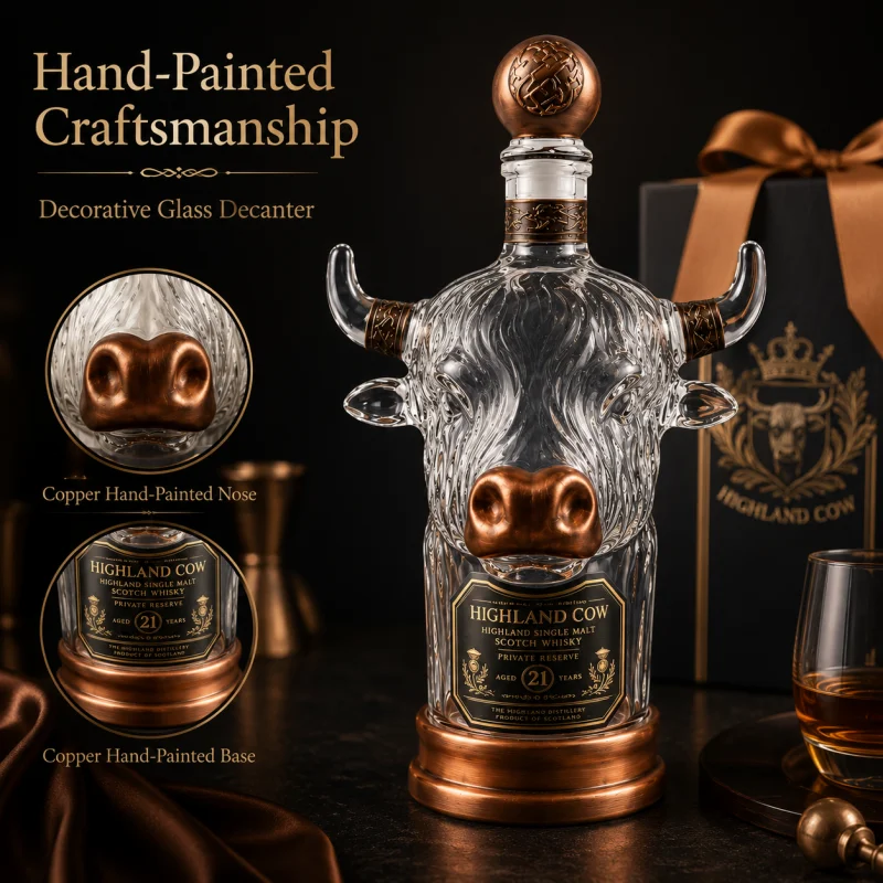 ユニークなハイランドカウデザインのガラス製ウイスキーデキャン - Vintage Collectible Liquor Bottles のレビューと価格