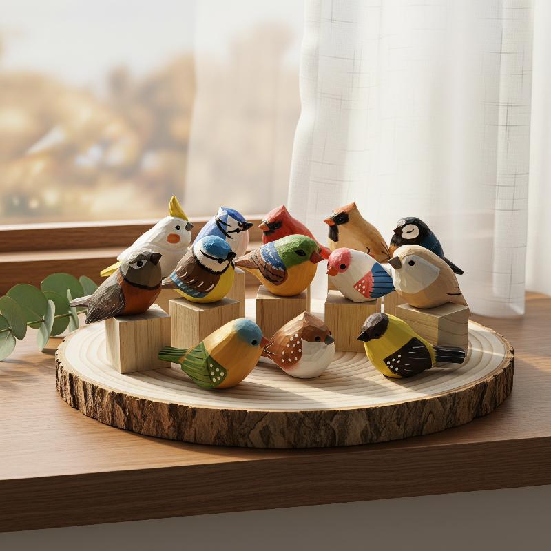 可愛い手彫りの木製鳥の置物、カラフルな手描き、天然木の台座付 - Vintage Collectibles Store のレビューと価格